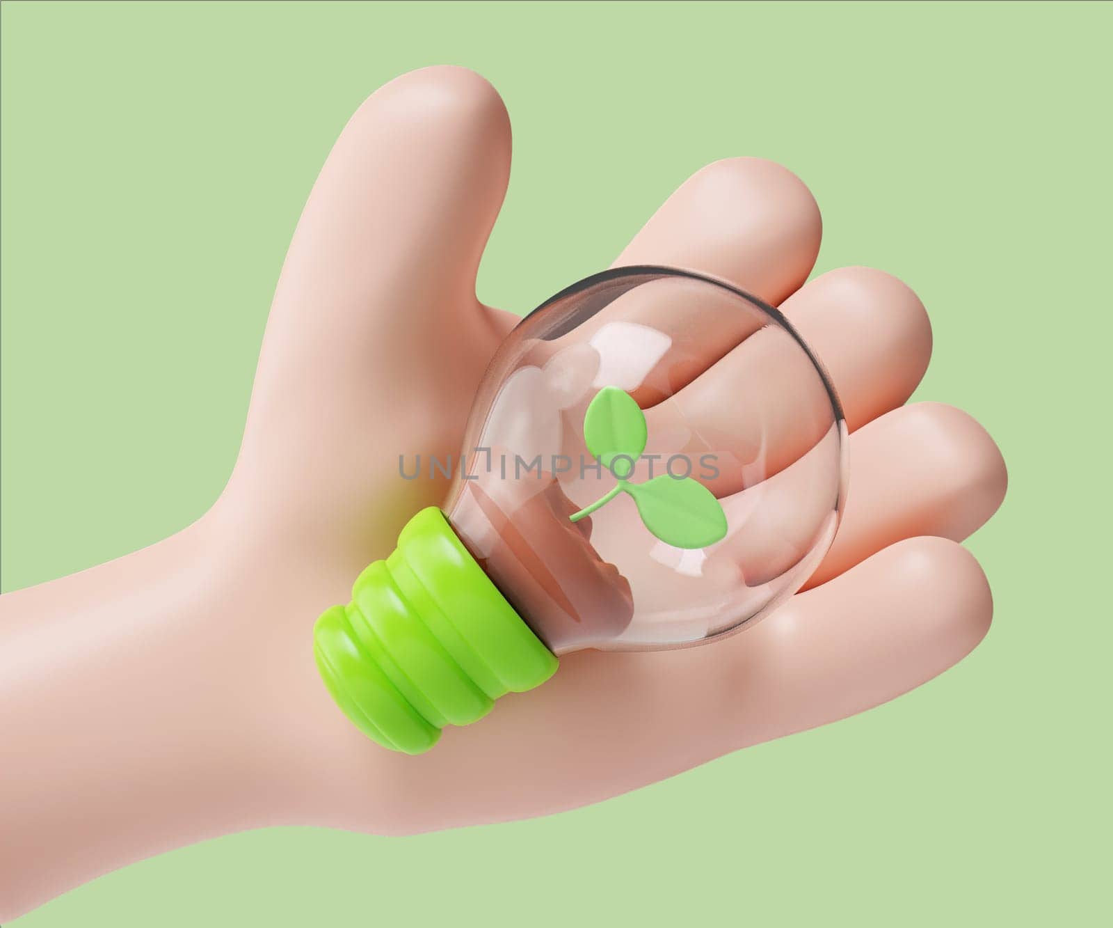 A colorful 3D render illustration of an eco-friendly light bulb held in a hand, containing a green plant sprout.