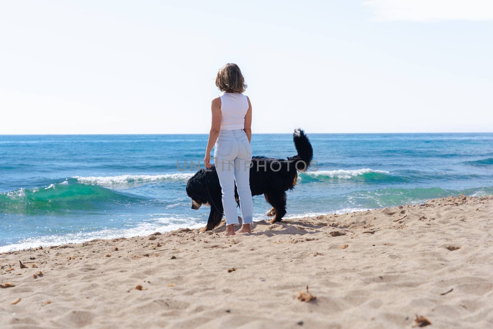 Rear view of a young woman walking with her dog along the sandy beach. Both face the ocean, enjoying a peaceful and sunny moment together in nature, with waves and serenity surrounding them.