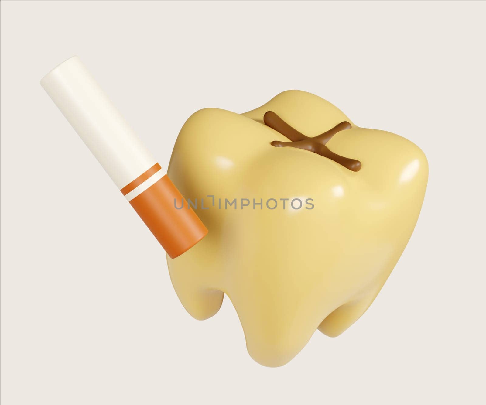 A 3D render illustration representing the effects of narcotics on dental health, featuring a cigarette with a decayed tooth.