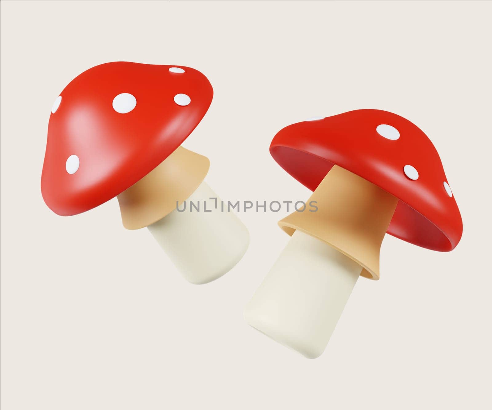 A playful 3D render illustration depicting whimsical red mushrooms symbolizing narcotics, set against a light background.