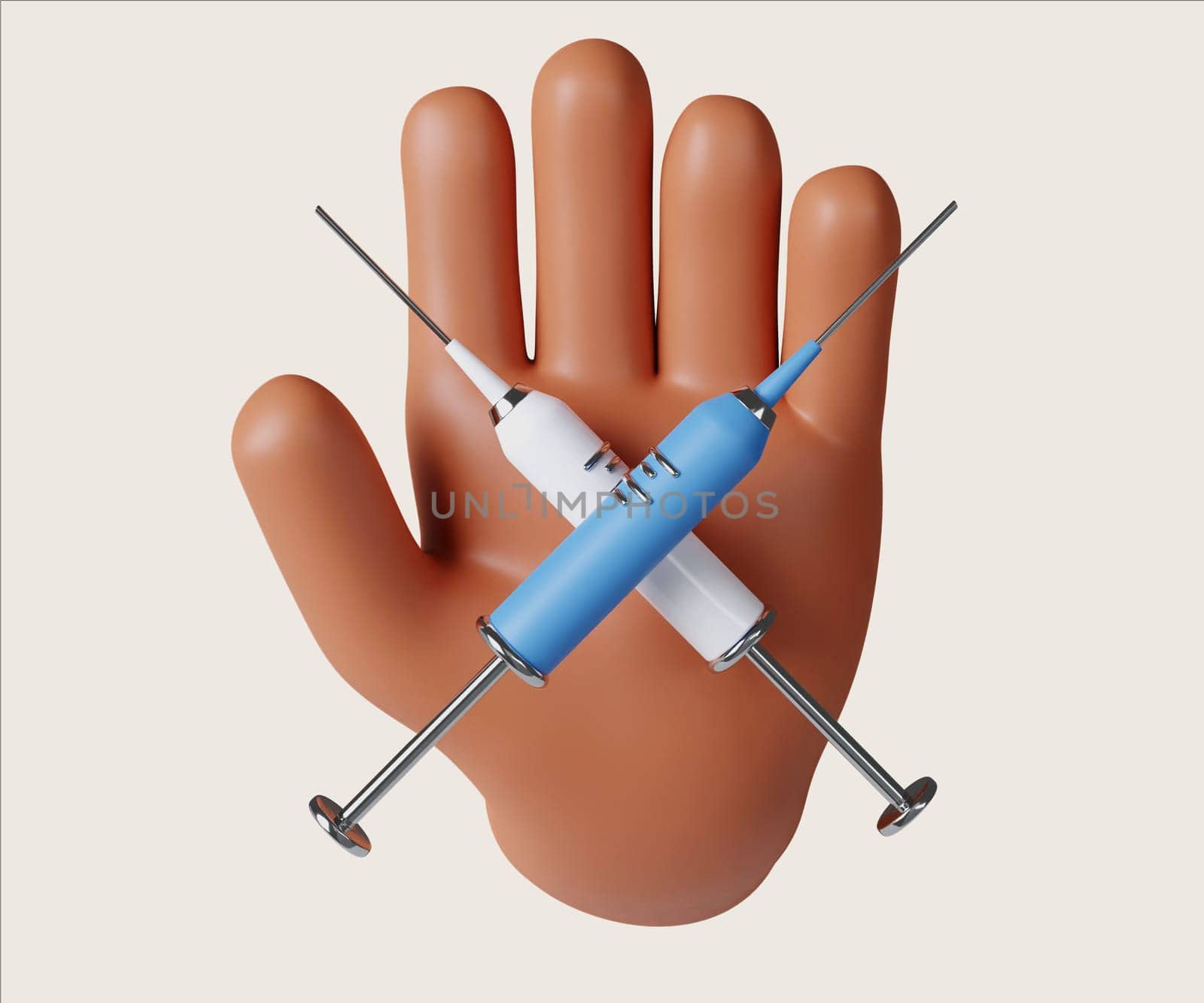 A conceptual 3D render showing crossed needles over a hand, illustrating the administration of narcotics and the risks involved.