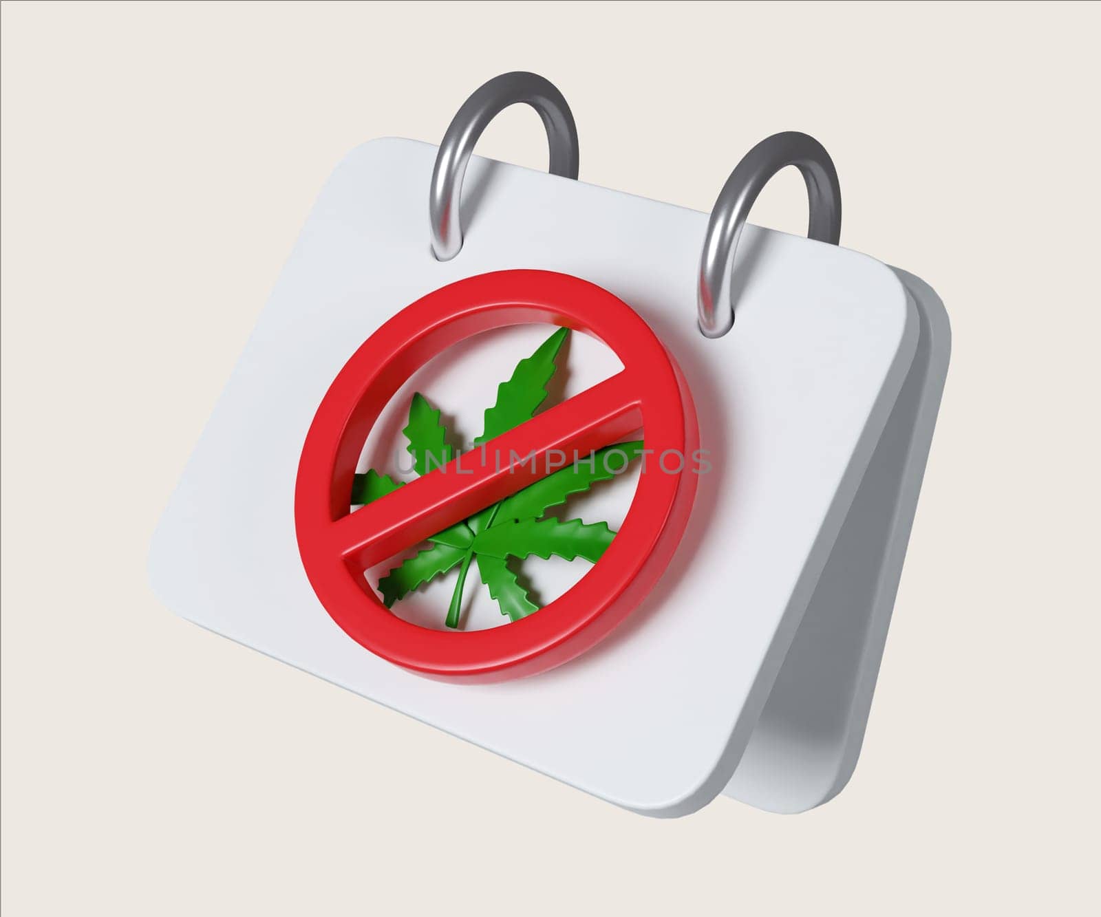 A 3D render of a calendar page depicting narcotics prohibition with a caution symbol emphasizing awareness.