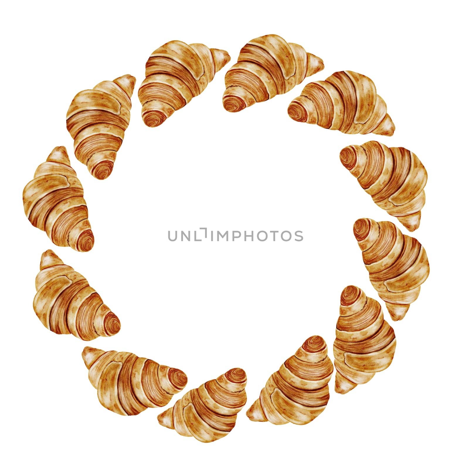Croissant watercolor frame. Hand drawn fresh french bun. Food clip art. Ideal for bakery prints, postcards and pastry shop posters. High quality illustration
