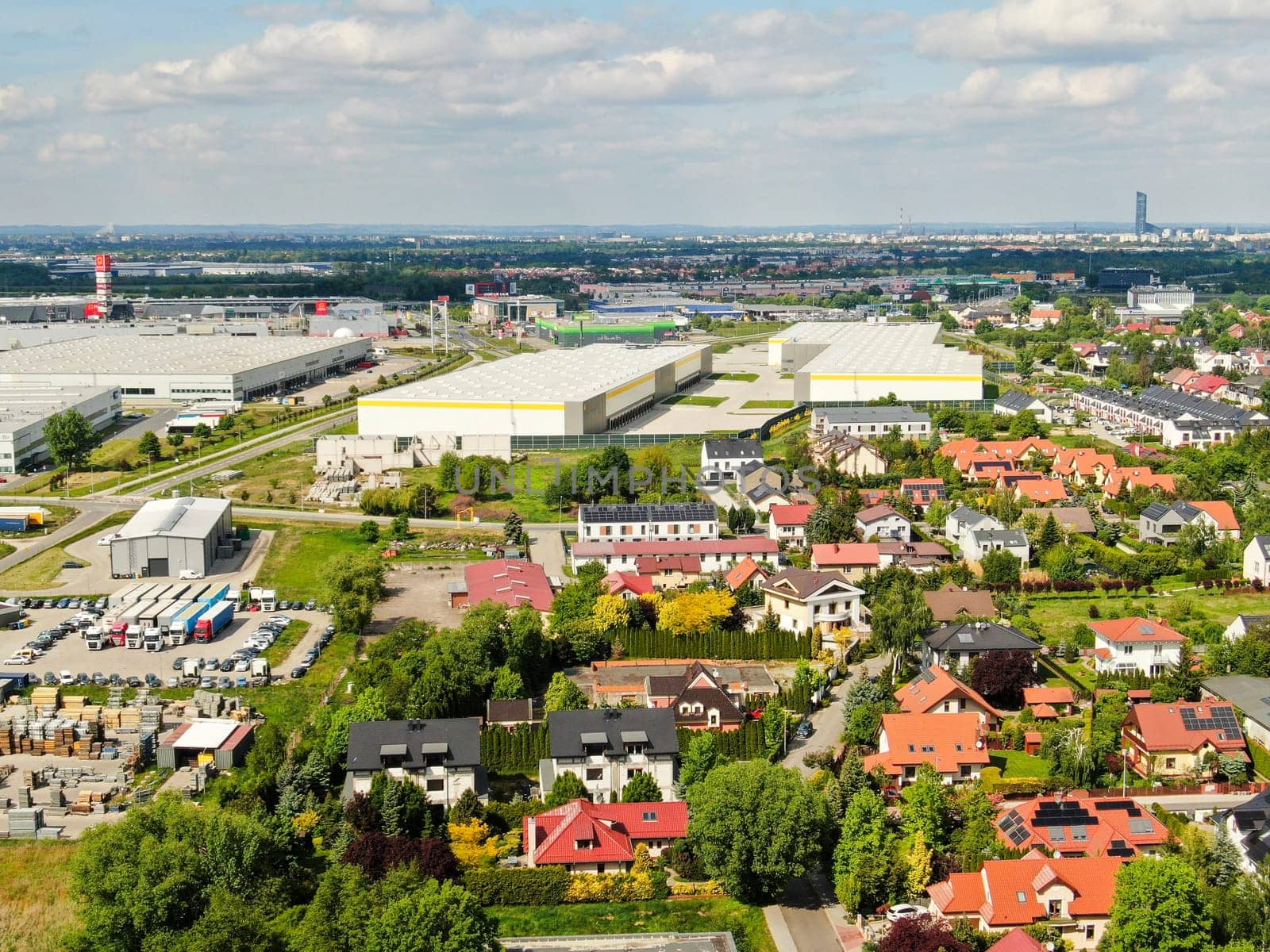 Aerial photography of the Bielany village and logistic center in Wroclaw, Poland. High quality photo