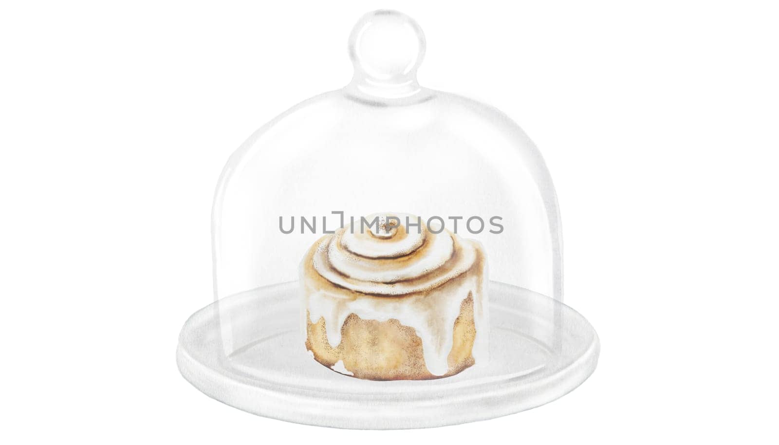 Cinnabon, cinnamon watercolor. Hand drawn cinnamon bun with cream cheese under the cloche. Classic American sweet. Clip art isolated on white background. For coffee shop menu, pastry shop and sweet pastry recipes. High quality illustration