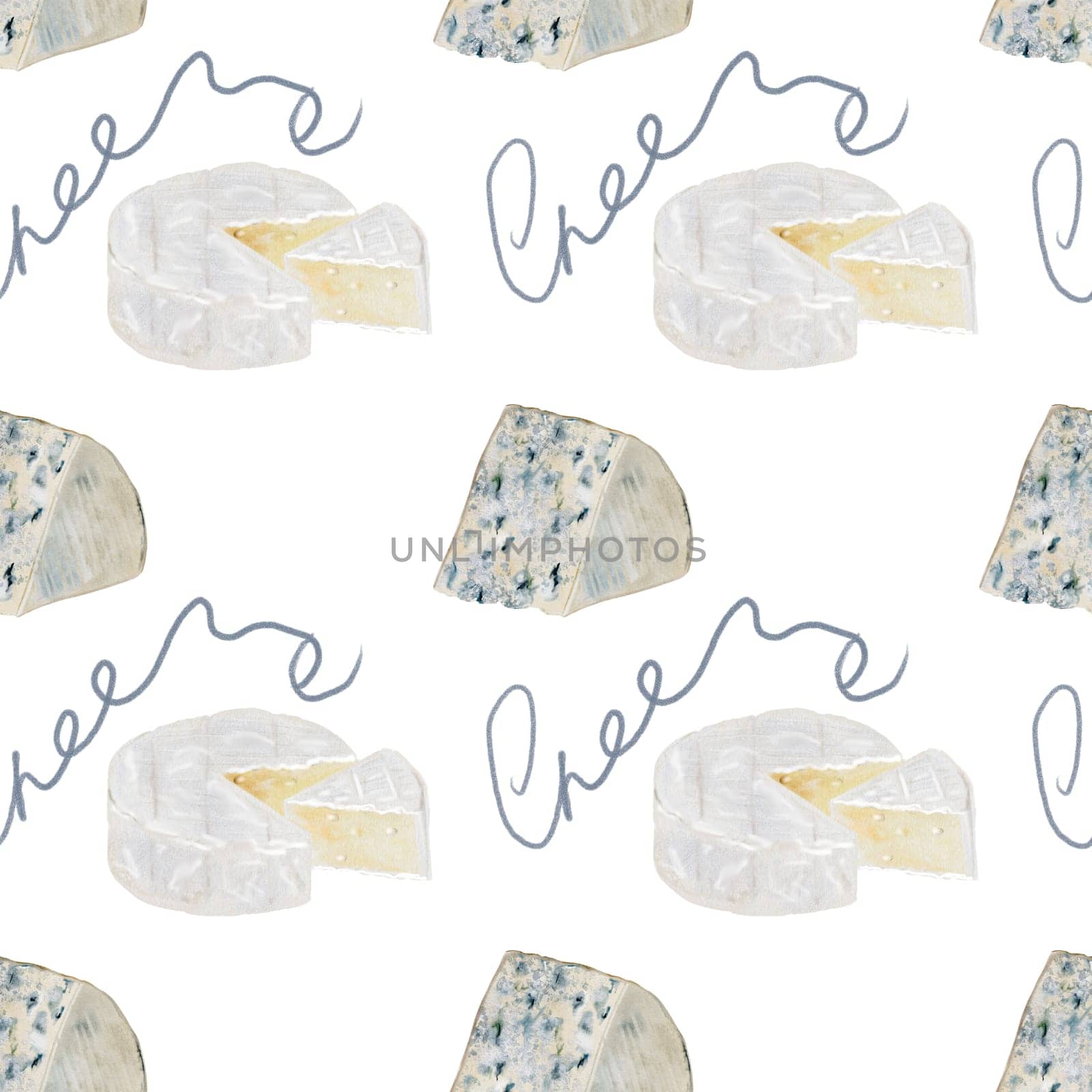 Cheese watercolor pattern. Hand drawn illustration brie, camembert, dor blue. Clip art of food on white background. Ideal for packaging of farm organic product or restaurant menu design. High quality illustration