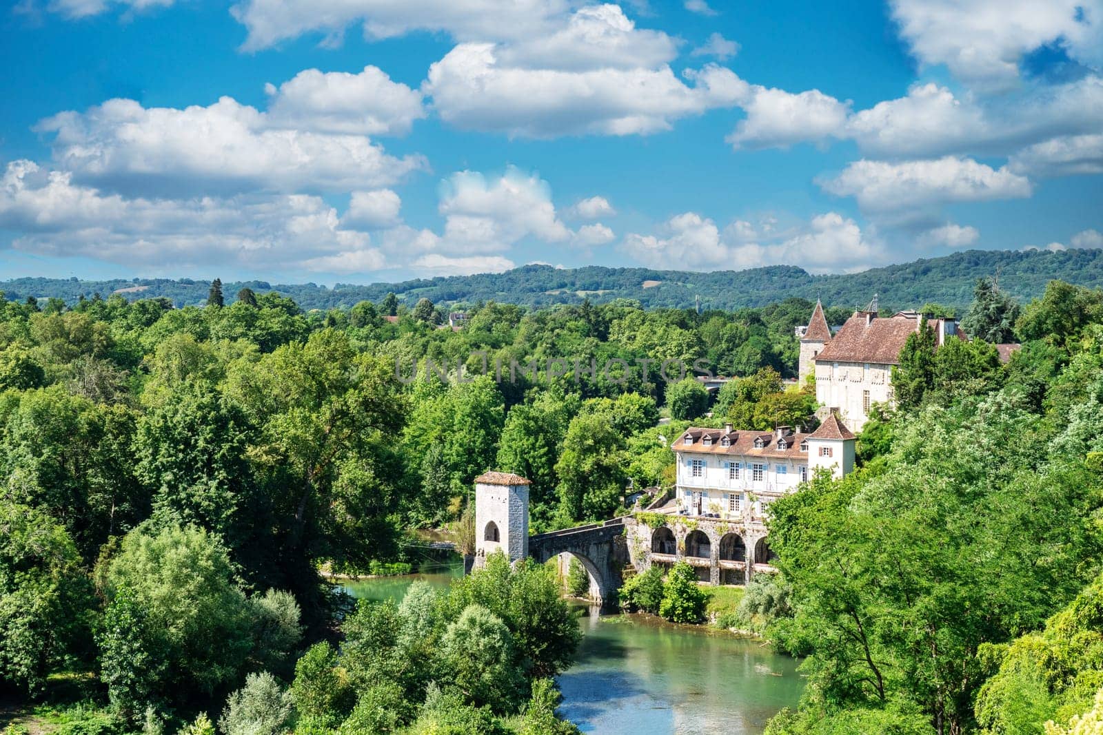 a view of the legendary bridge in Sauveterre-de-Bearn, Pyrenees Atlantiques, France