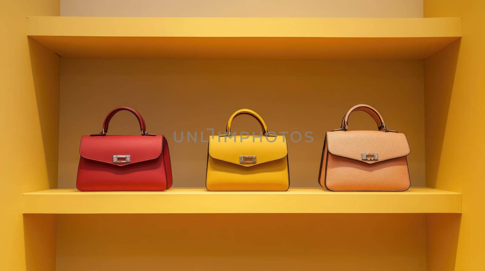 Three handbags in vibrant colors are neatly arranged on a yellow shelf. A red handbag with a clasp, a bright yellow one, and a textured orange bag showcase different styles and textures.