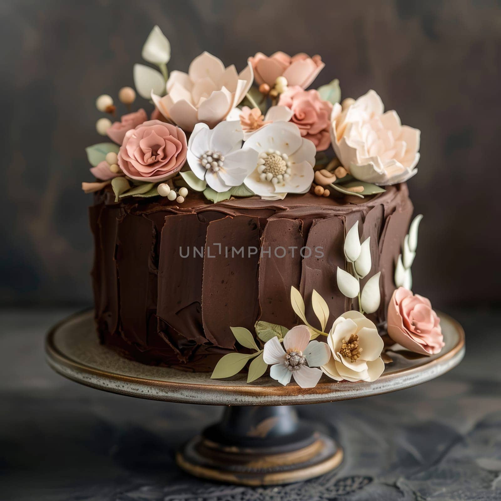A stunning cake adorned with delicate pastel flowers in shades of green and pink sits elegantly on a rustic pedestal. This dessert is ideal for birthdays, weddings, or any festive gathering.
