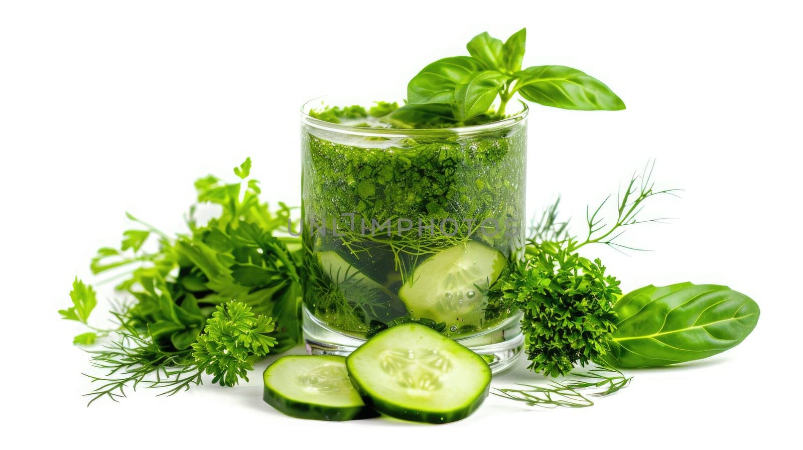 A vibrant green smoothie cocktail made from fresh vegetables like cucumber and basil sits on a clean surface. This healthy drink is ideal for a refreshing and nutritious experience any time of day.