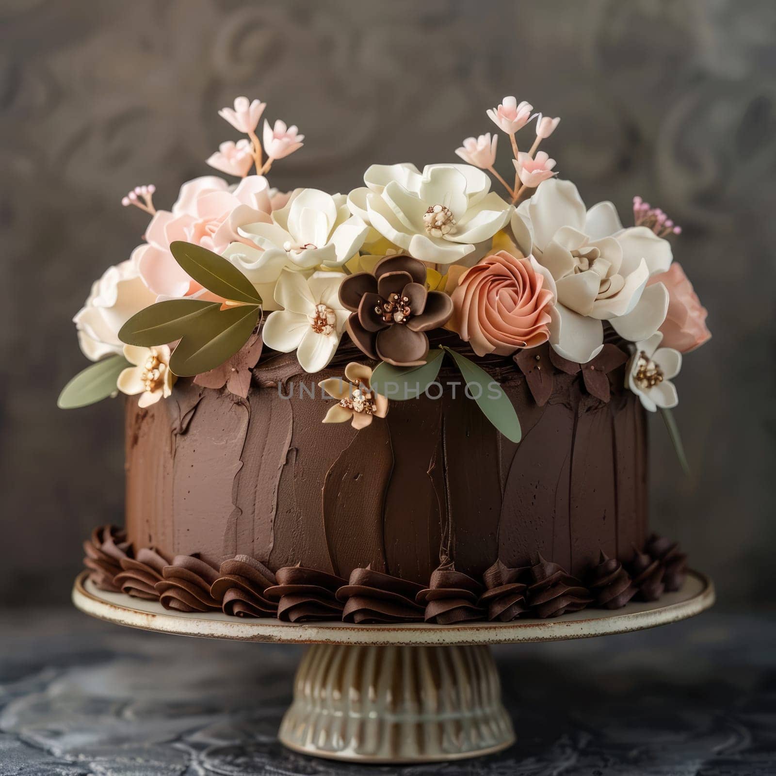 A beautifully crafted chocolate cake features delicate floral embellishments in gentle green and pink tones, ideal for a festive gathering. The design exudes elegance and charm.