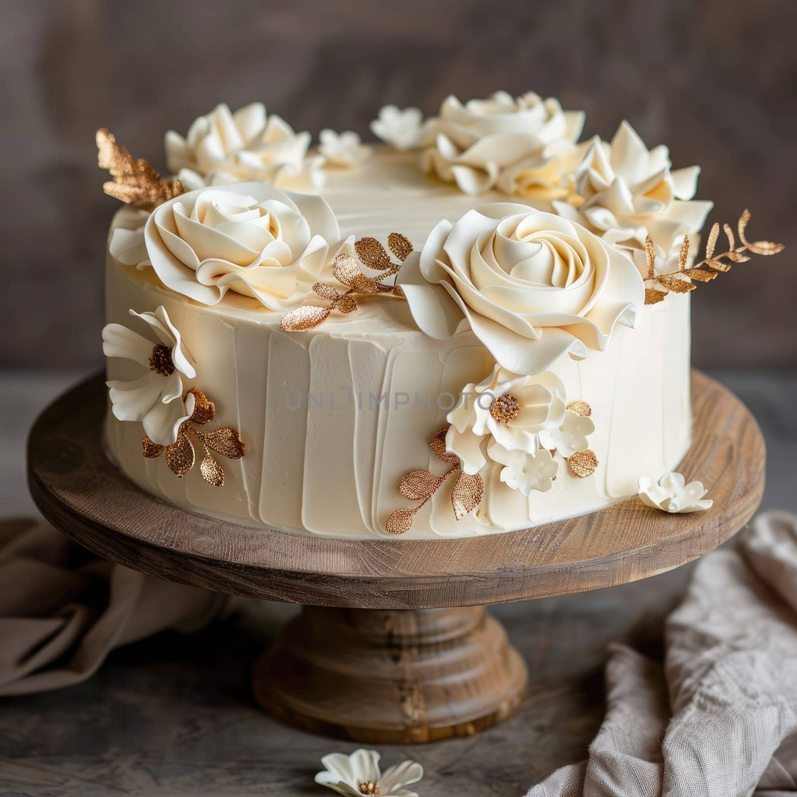A beautifully crafted chocolate cake features delicate beige and gold decorations, set on a rustic wooden stand. The intricate floral designs enhance its elegance, perfect for celebrations.