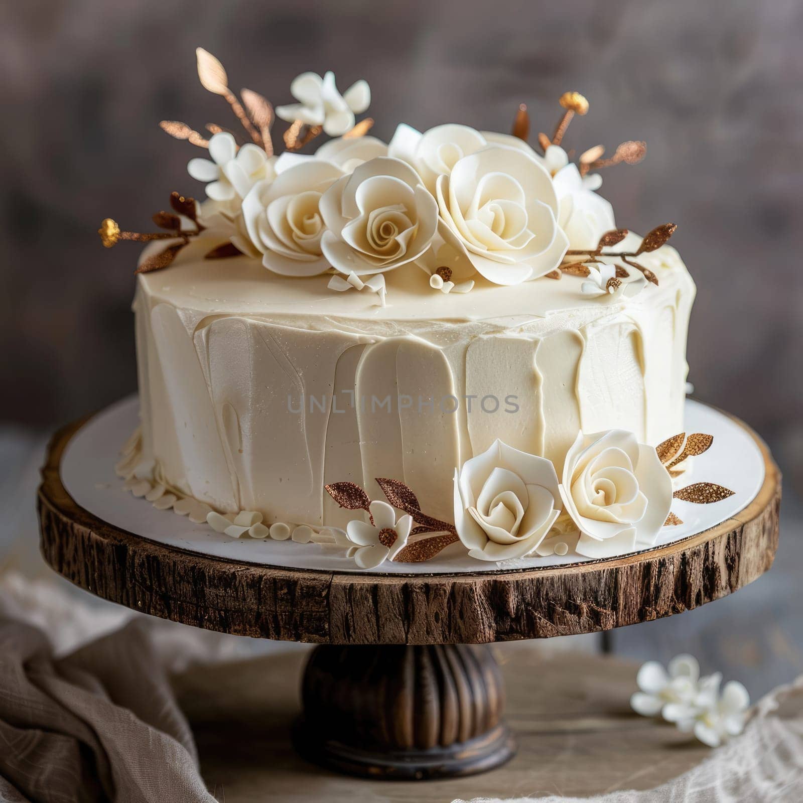 A beautifully designed chocolate cake sits on a rustic wooden stand, adorned with delicate beige and gold decorations. The elegant presentation makes it perfect for a special occasion.