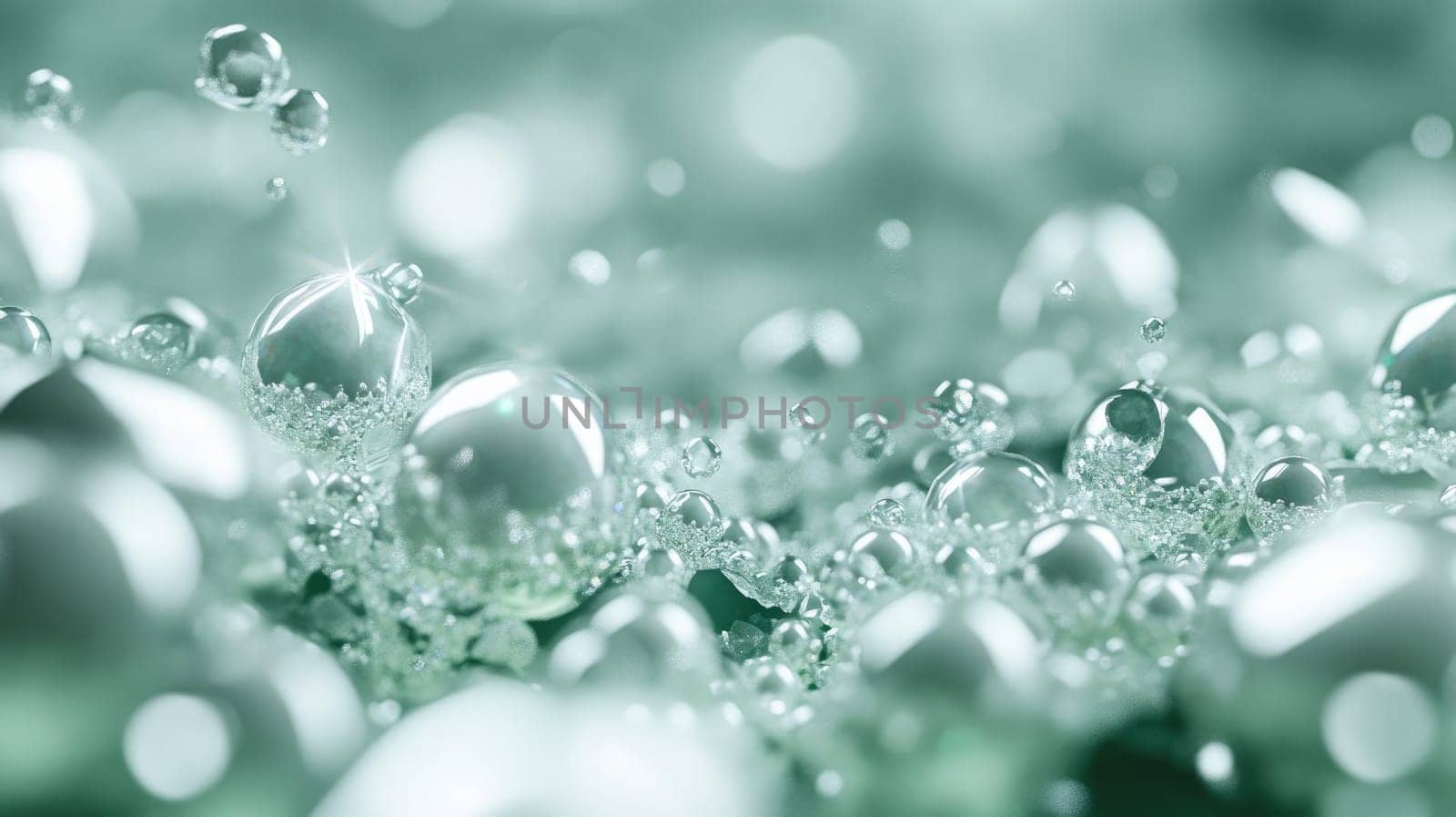 Droplets of water hover and shimmer above the surface, creating an enchanting atmosphere. The emerald green backdrop enhances the sparkling reflections and intricate details of each bubble.