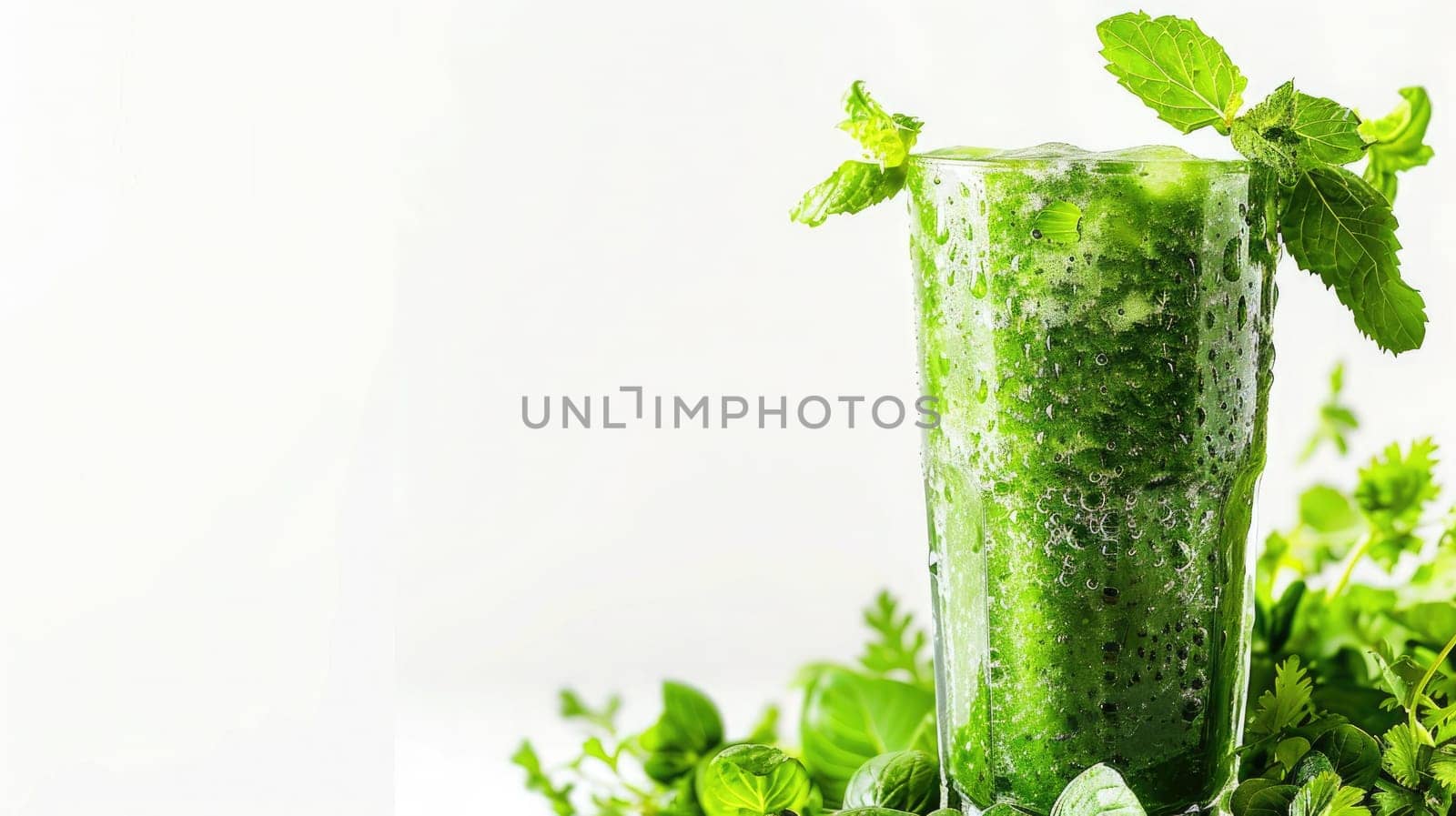 This vibrant cocktail combines fresh green vegetables blended into a nutritious smoothie, garnished with mint leaves, ideal for a health-conscious beverage option.