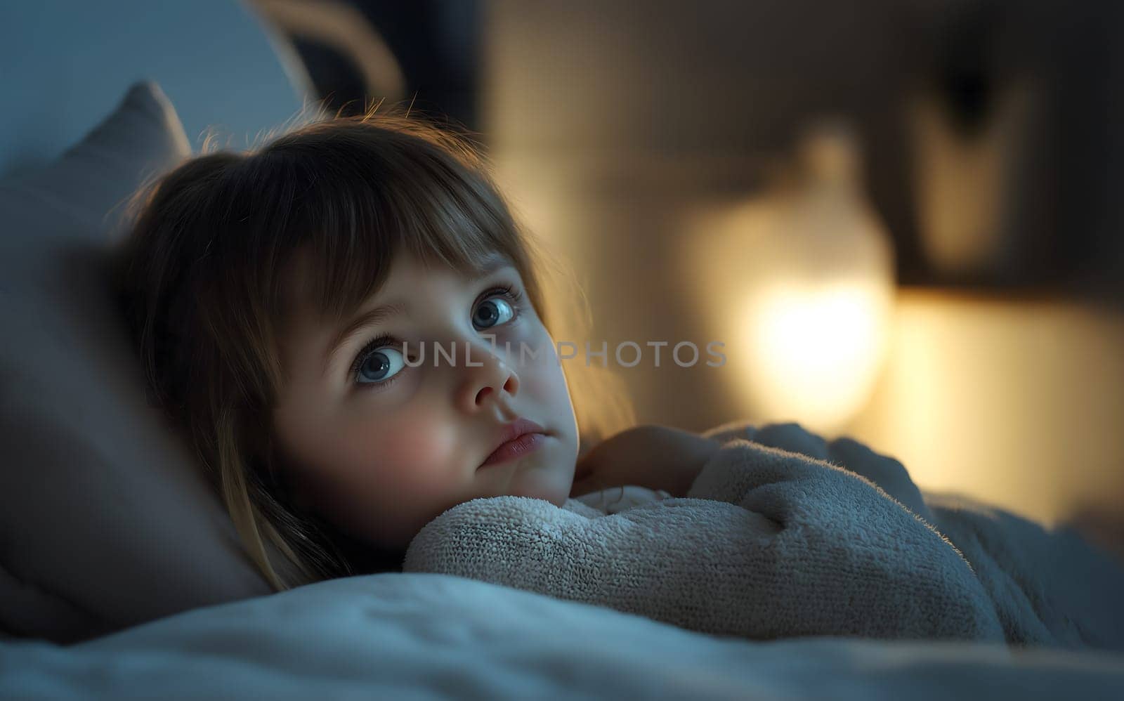 Sad little baby girl lying in bed at home or hospital. Child is ill with flu, cold, sick with stomachache, bronchitis, pneumonia, virus or infection. Kid is exhausted, healthcare and medical concept