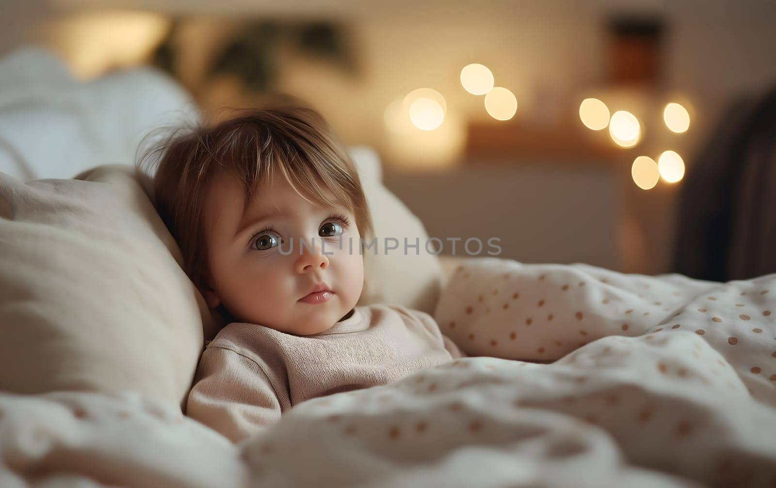 Sad little baby girl lying in bed at home or hospital. Child is ill with flu, cold, sick with stomachache, bronchitis, pneumonia, virus or infection. Kid is exhausted, healthcare and medical concept