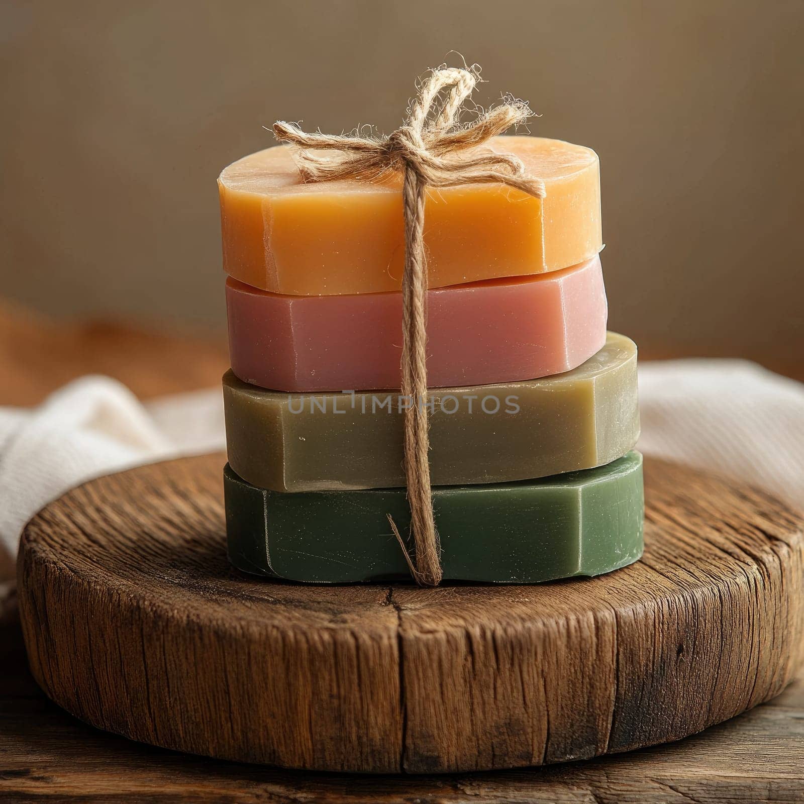 Four neatly stacked pieces of soap with smooth edges are tied together with natural twine on a rustic wooden platter. This arrangement creates a warm and inviting aesthetic.