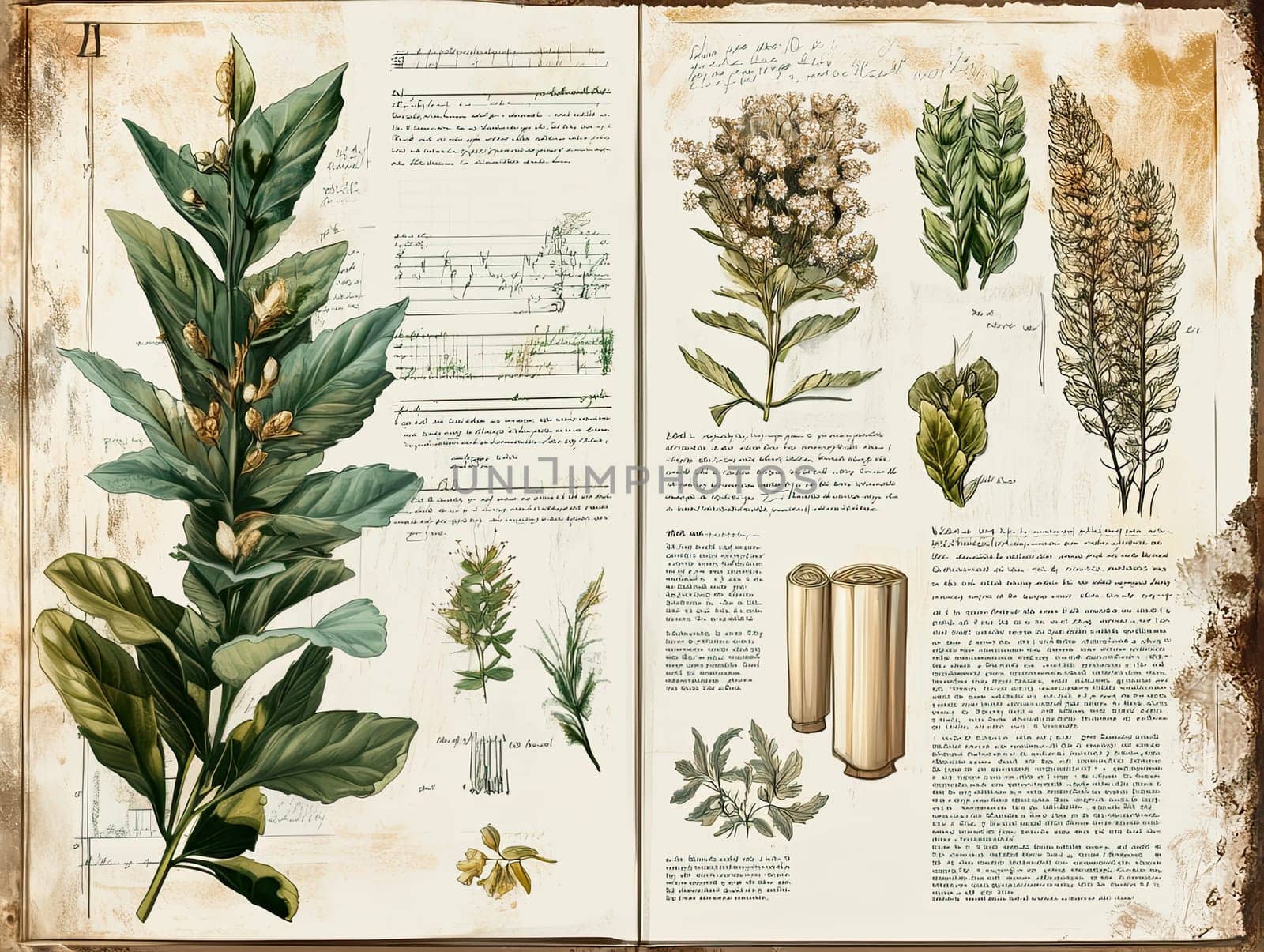 Showcasing exquisite botanical illustrations, this infographic highlights detailed notes and sketches of various plant species, reflecting a classic, old-world aesthetic.