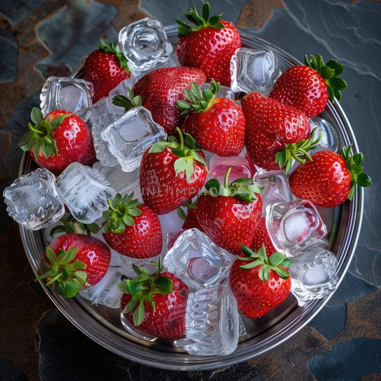 Juicy red strawberries are arranged beautifully with ice cubes in a silver bowl, perfect for a refreshing treat on a hot day. Ideal for summer parties or casual outdoor gatherings.