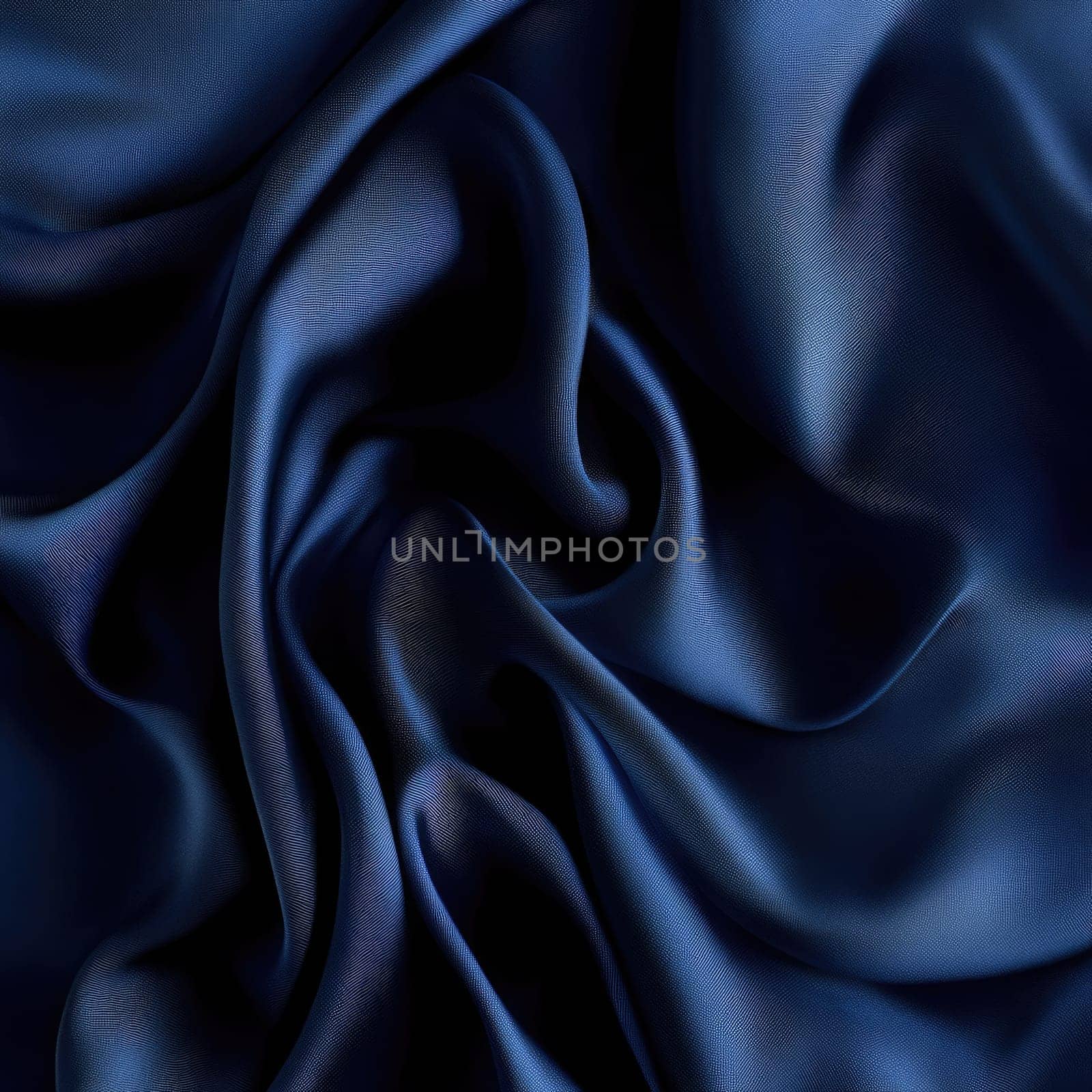 Soft and smooth deep blue silk fabric is arranged in gentle folds, highlighting its luxurious texture and sheen under natural light, creating an elegant visual appeal.