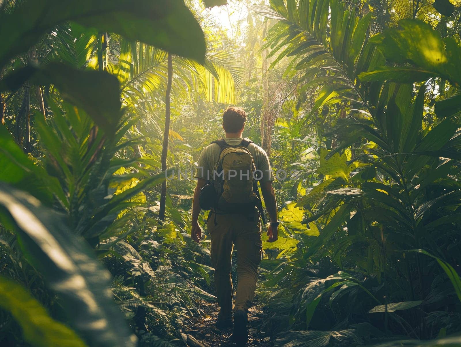 A person walks through dense jungle foliage, enjoying the adventure and serenity of the natural surroundings. The vibrant greenery creates an enchanting atmosphere under soft light.