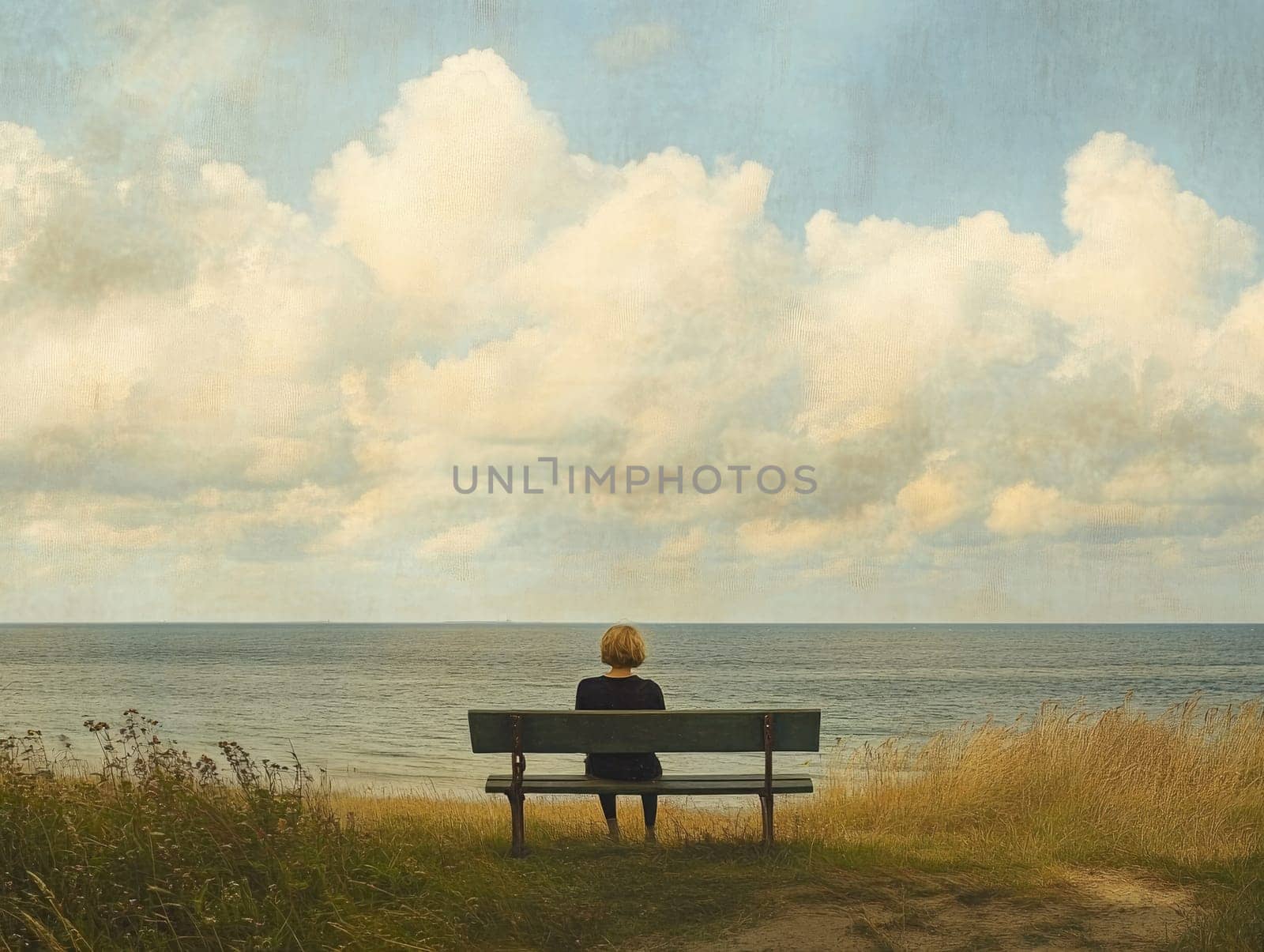 A person sits quietly on a bench, gazing out over the calm ocean waters. Lush grass surrounds the area, and fluffy clouds float above, creating a serene atmosphere.