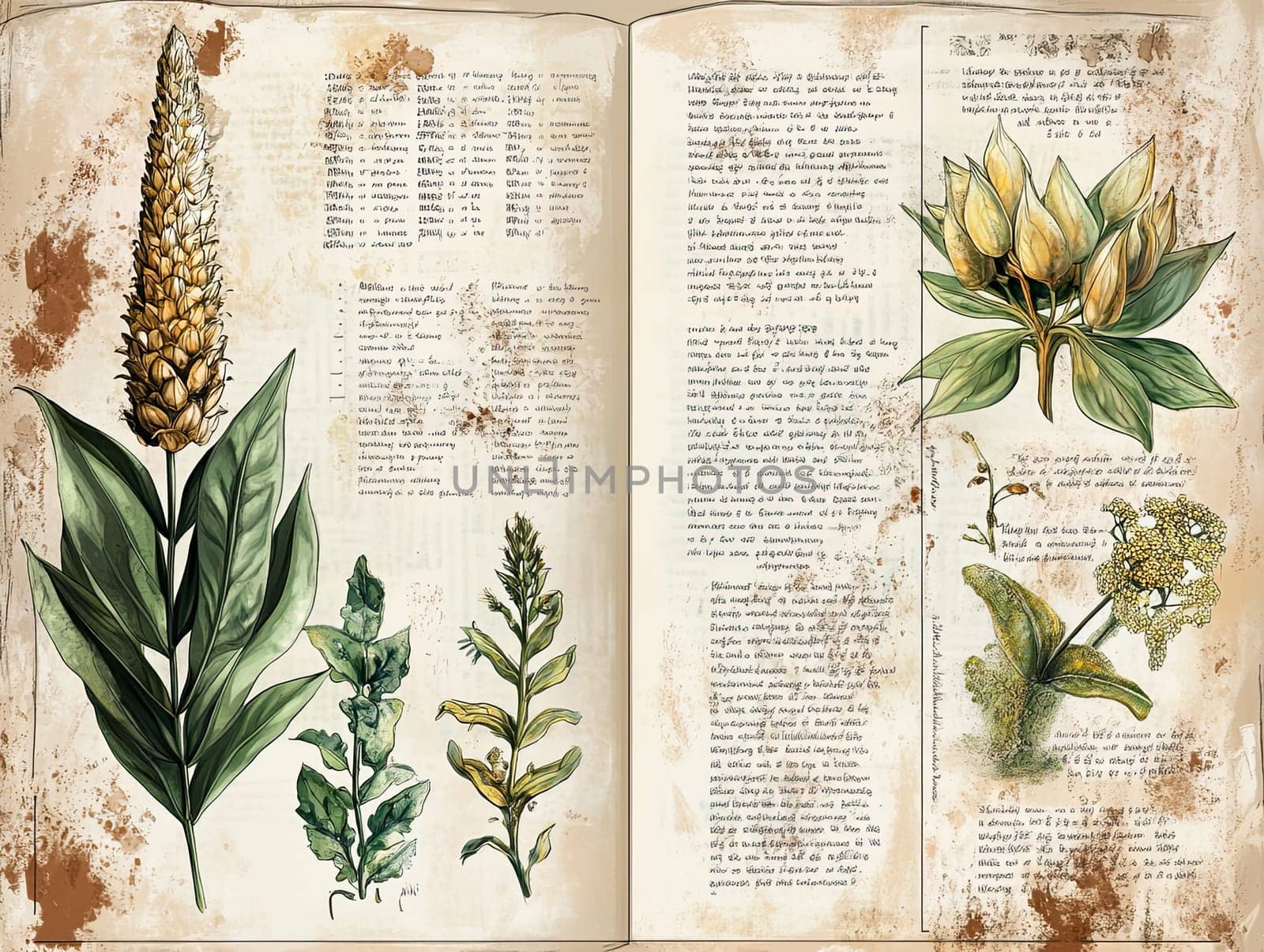 Detailed illustrations of several plants are presented in a vintage-style layout. Each page features botanical drawings alongside text descriptions, highlighting their characteristics and uses.