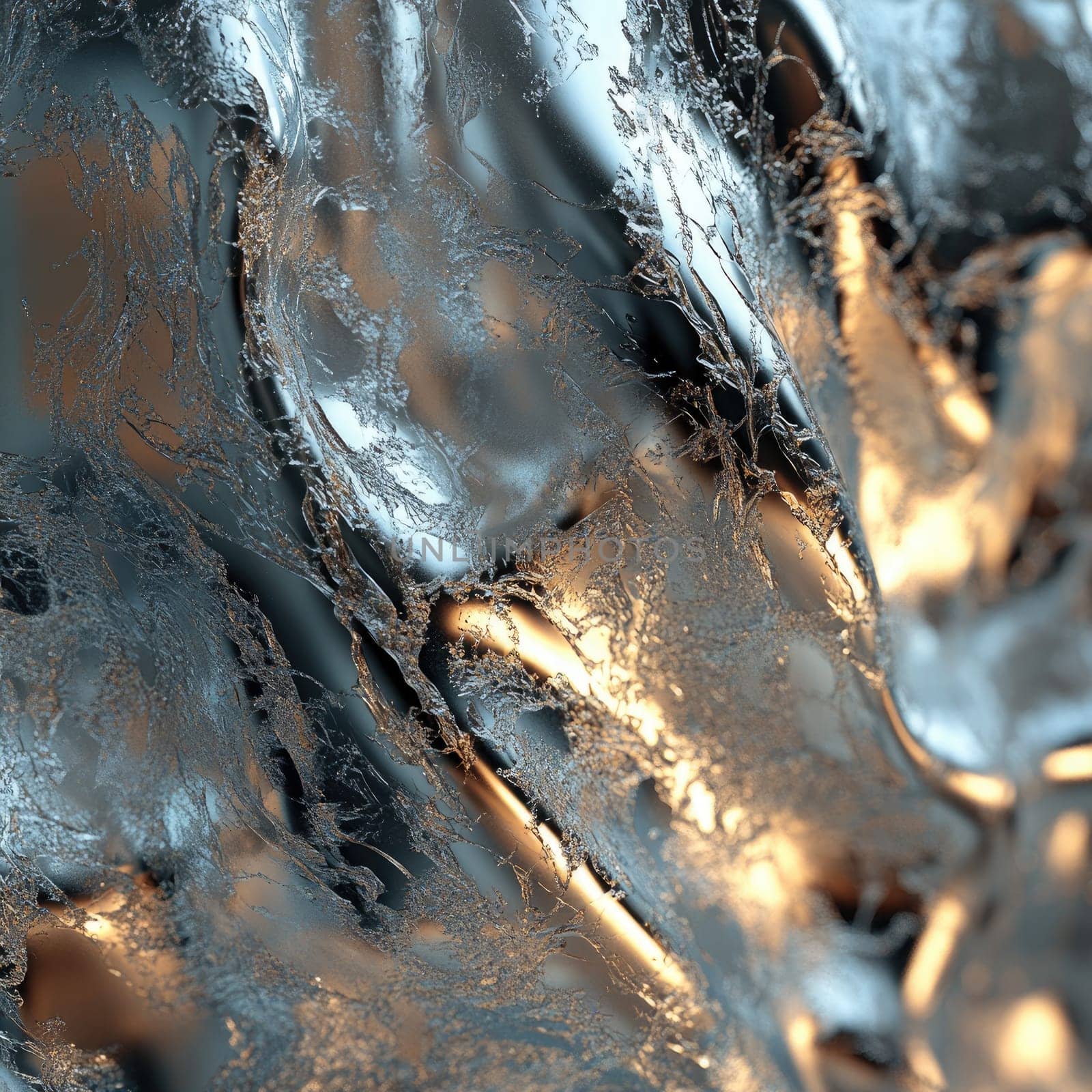 The artwork showcases a dynamic interplay of metallic hues, with shimmering surfaces and intricate patterns intertwining, emphasizing creativity and innovation in design.