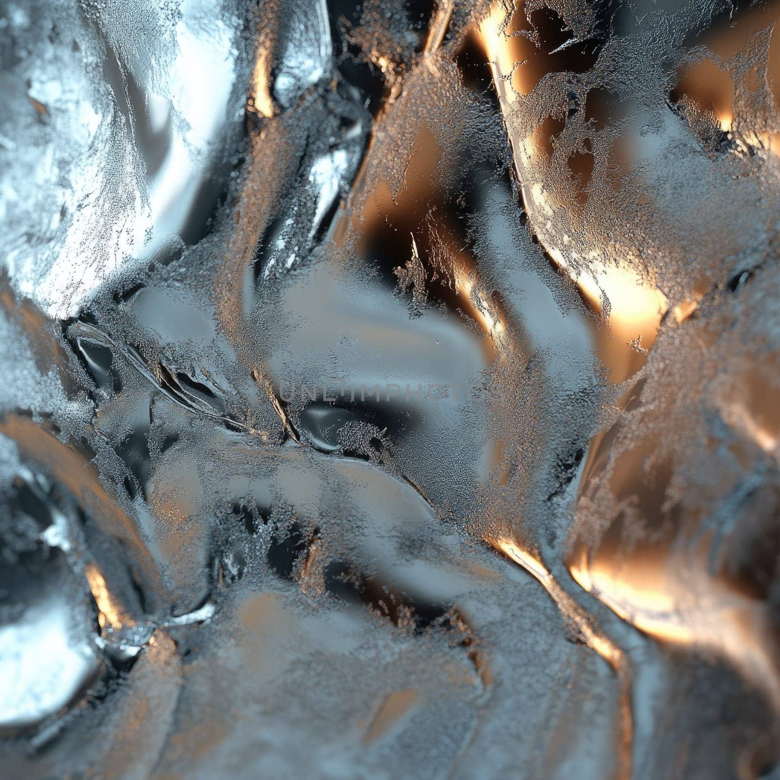 The artwork presents an abstract representation of metallic surfaces, reflecting light in various directions. The smooth textures create an engaging and captivating visual experience.