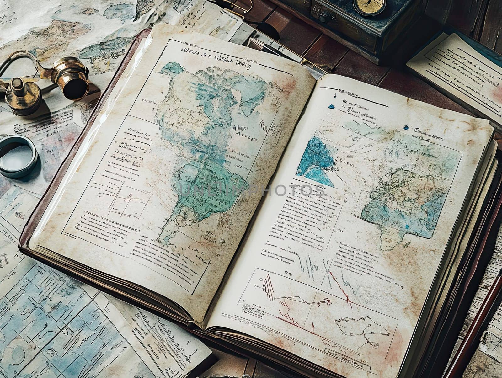 Geographical journal opened to reveal intricate maps and handwritten observations, highlighting various locations in North and South America from a historical perspective.