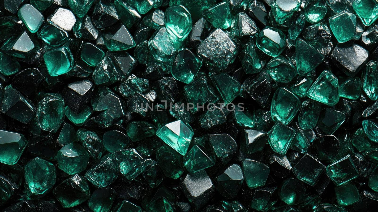 Scattered emerald gemstones display a variety of shapes and shades of green. The rich, vibrant colors highlight their natural beauty, creating an appealing visual texture.