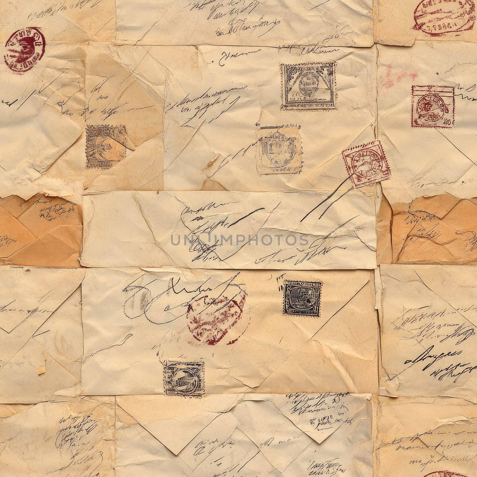 A collage of old envelopes filled with a variety of vintage stamps. The artifacts display unique handwriting and postal markings, emphasizing their historical significance and charm.