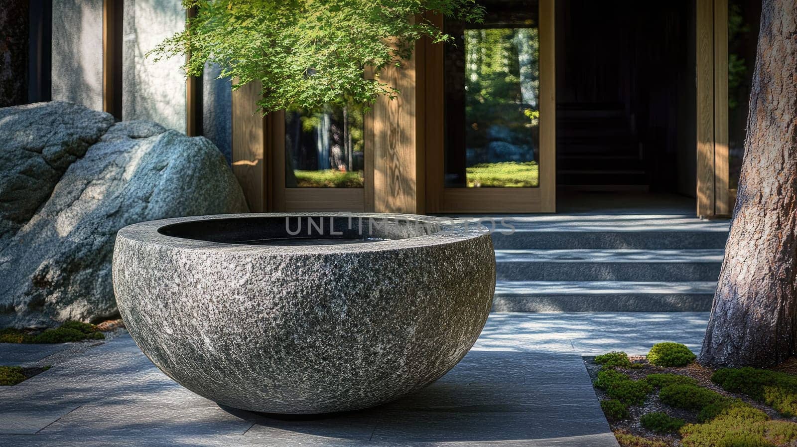 A large round stone basin sits in a tranquil garden surrounded by greenery and rock formations. The entrance to a contemporary building is visible in the background.