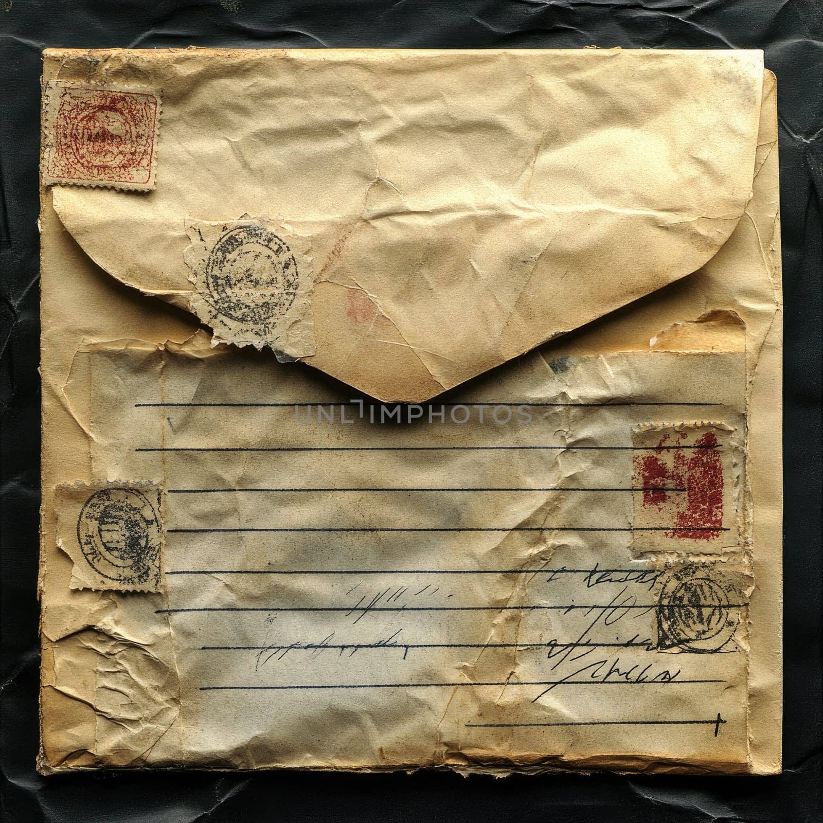 An antique envelope displays various vintage stamps and handwritten addresses, illustrating the style of correspondence from a bygone era. The detailed postal features capture a rich history.