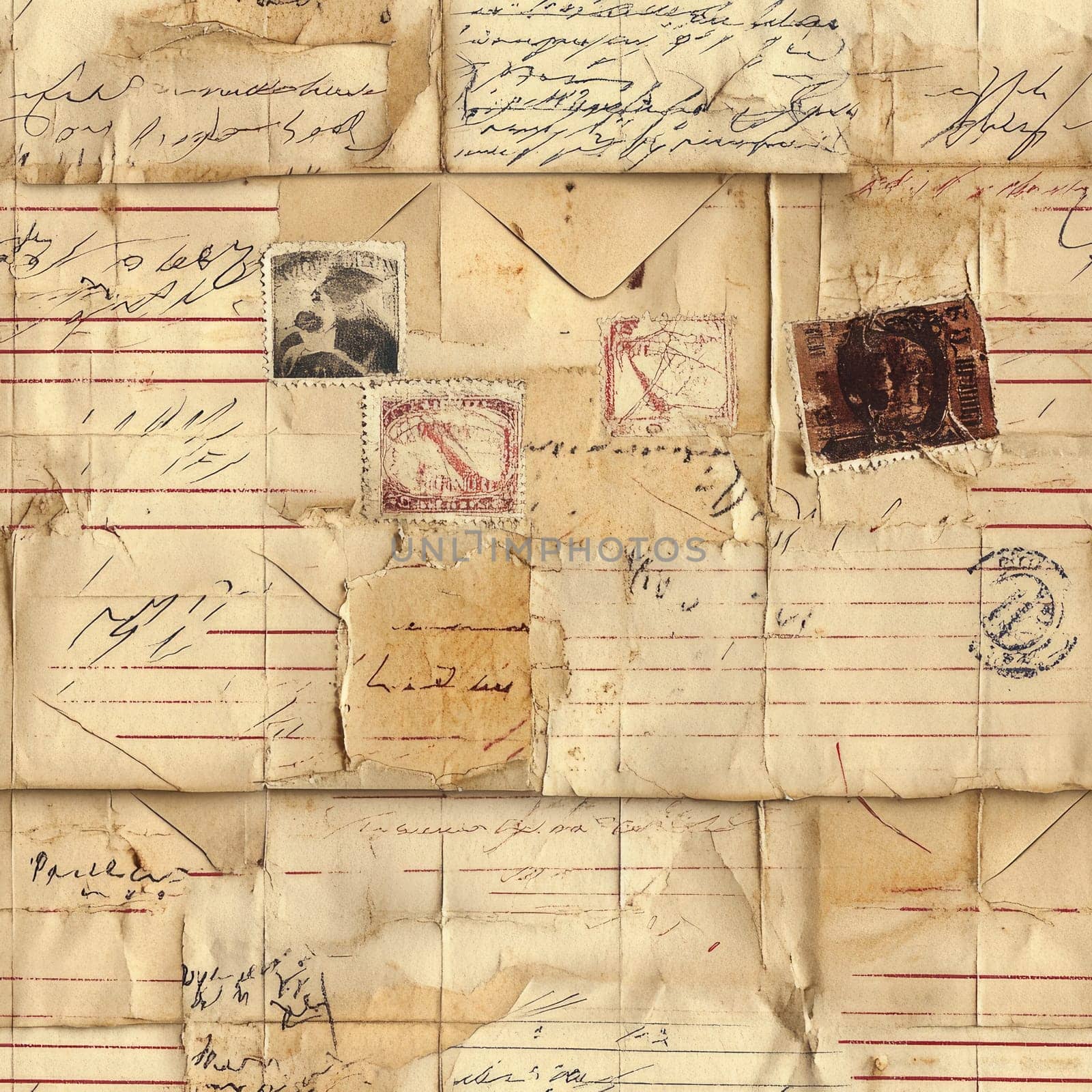 An aged envelope displays a collection of vintage stamps and handwritten notes from various locations and times, reflecting personal correspondence and historical significance.