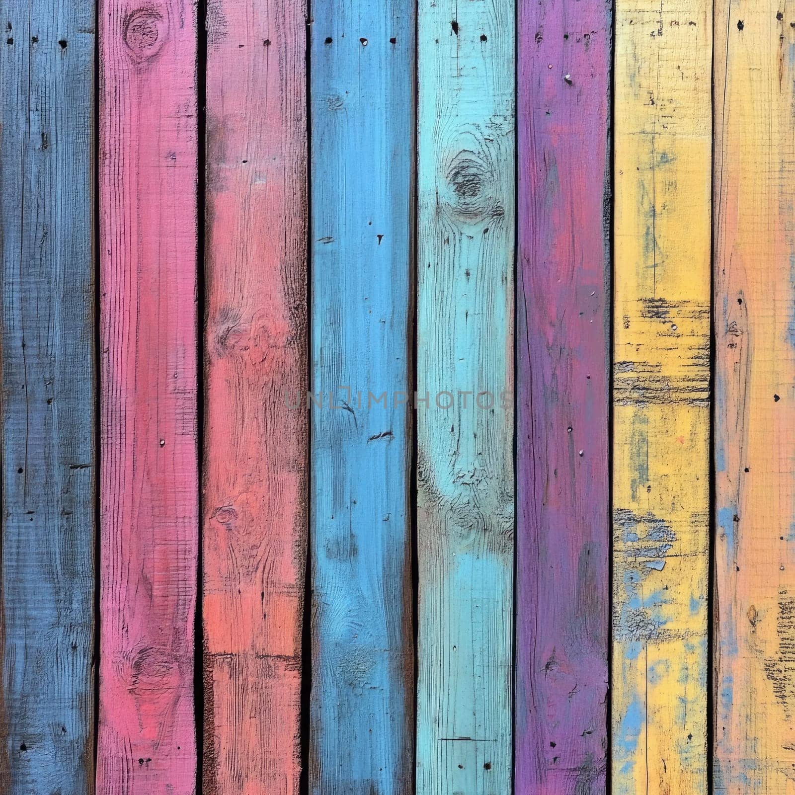 Vibrant wooden planks showcase a beautiful blend of colors, including shades of pink, blue, yellow, and purple. This background is ideal for artistic and creative endeavors.