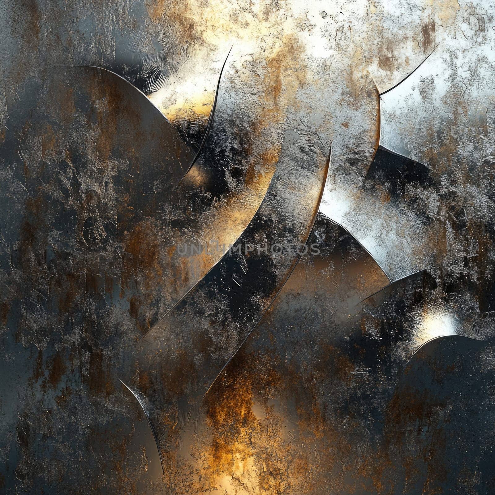 Intricate patterns emerge from a blend of polished and rusted metal surfaces, showcasing a dynamic interplay of light and texture. This artwork captures a vivid depth and richness.