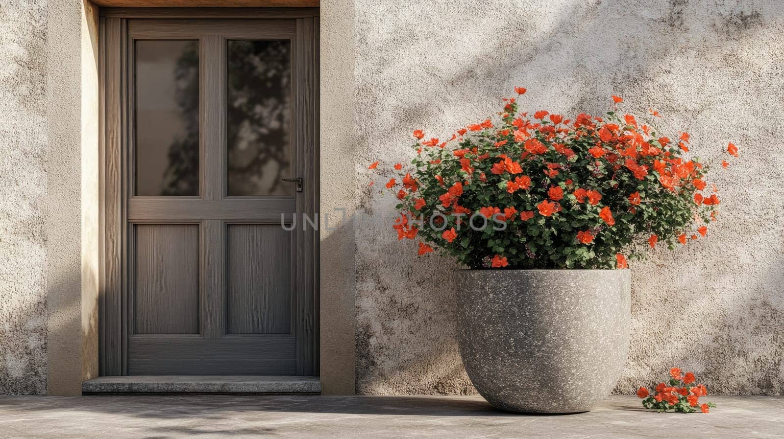 A large pot filled with vibrant orange flowers is placed beside a rustic wooden door. Natural light enhances the earthy tones of the surroundings, creating a peaceful atmosphere.