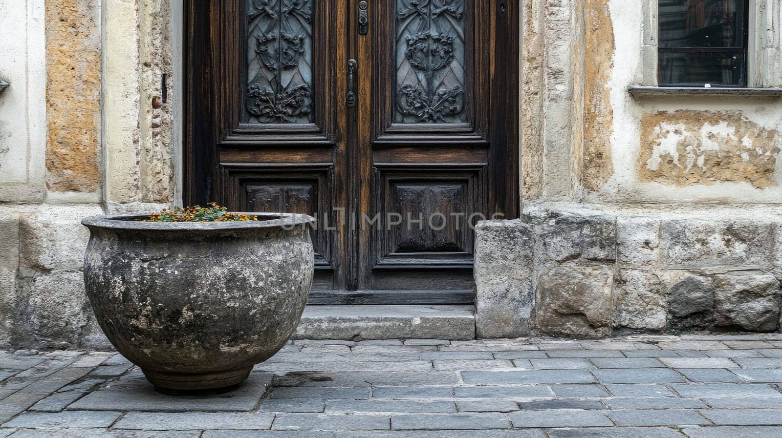 A weathered stone pot sits beside an intricately carved wooden door, showcasing the charm of a cobblestone street in a historic district. The surroundings reflect a deep sense of history.