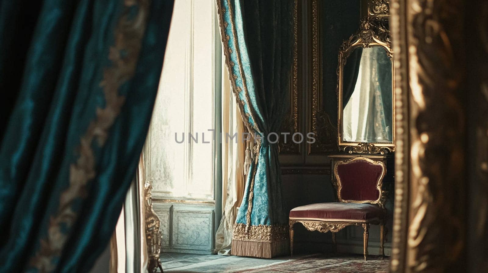 Opulent Baroque interiors with gilded four-poster beds, floral drapes, ornate furniture, and classical detailing, capturing a romantic old-world charm fit for an English noble manor