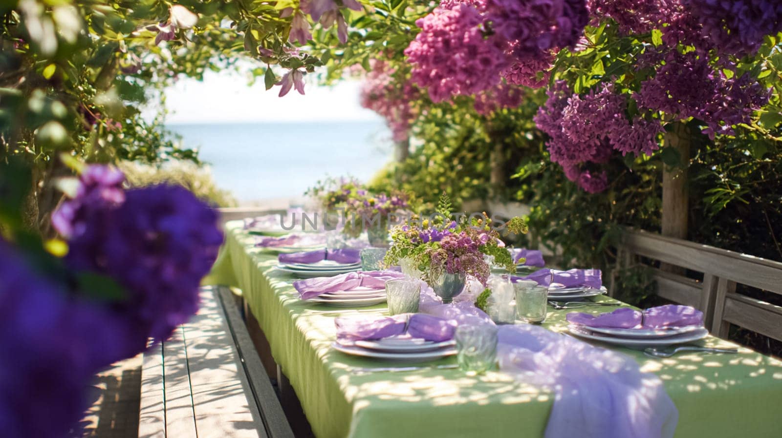 Elegant coastal table setting with floral arrangements, fine tableware, and scenic ocean views, perfect for a wedding or sophisticated event