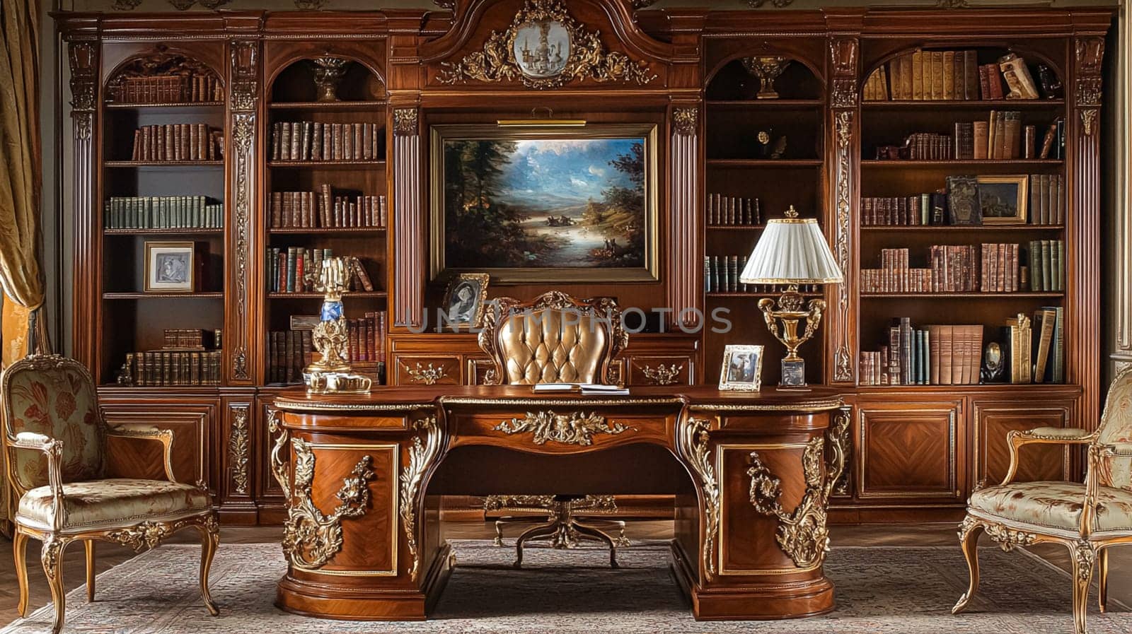 Opulent Baroque interiors with gilded four-poster beds, floral drapes, ornate furniture, and classical detailing, capturing a romantic old-world charm fit for an English noble manor