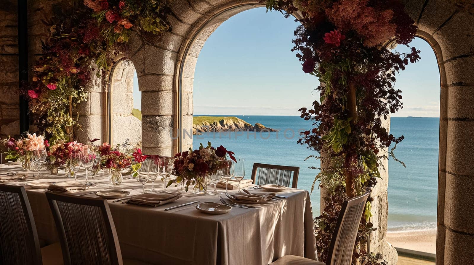 Elegant coastal table setting with floral arrangements, fine tableware, and scenic ocean views, perfect for a wedding or sophisticated event