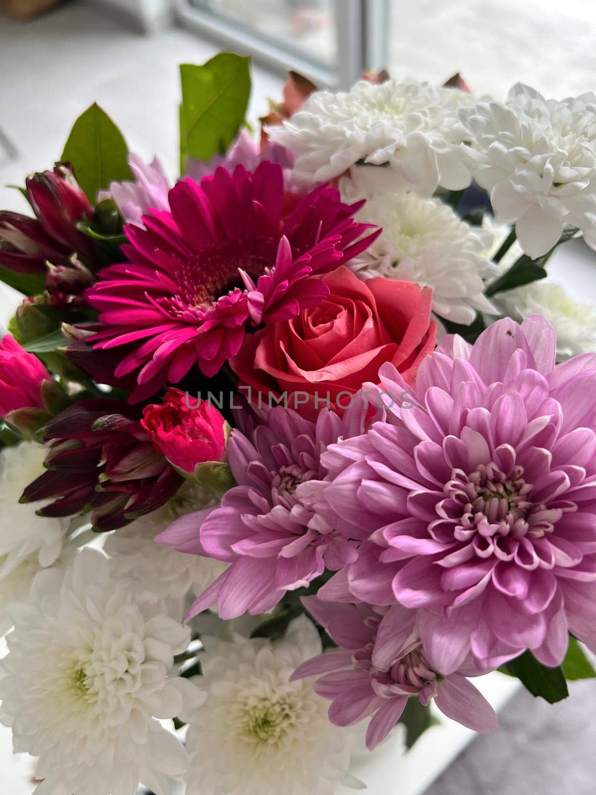 Lush arrangement of colorful blooms of pink gerbera daisies and delicate white and lila chrysanthemums with beautiful pink roses, showcasing rich pinks and whites, petals glistening with dew, surrounded by green foliage, creating a cheerful atmosphere perfect for home decor or gifting.