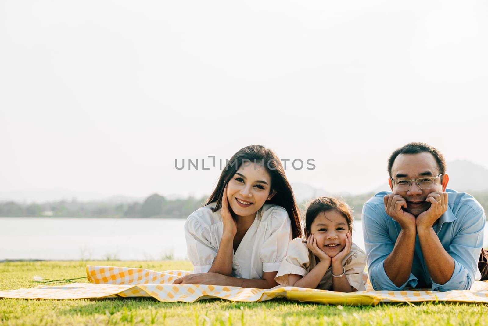 Asian family father mother and daughter lying on blanket spring meadow field grass in park cheerful sweet kid girl, parents and child picnic enjoying outdoors sunset time together, Family relaxation
