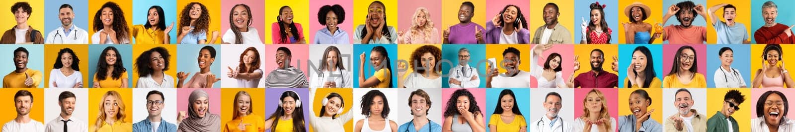 A vibrant collection features diverse individuals smiling and expressing happiness against colorful backgrounds. This lifestyle portrait showcases the beauty of diversity and togetherness.