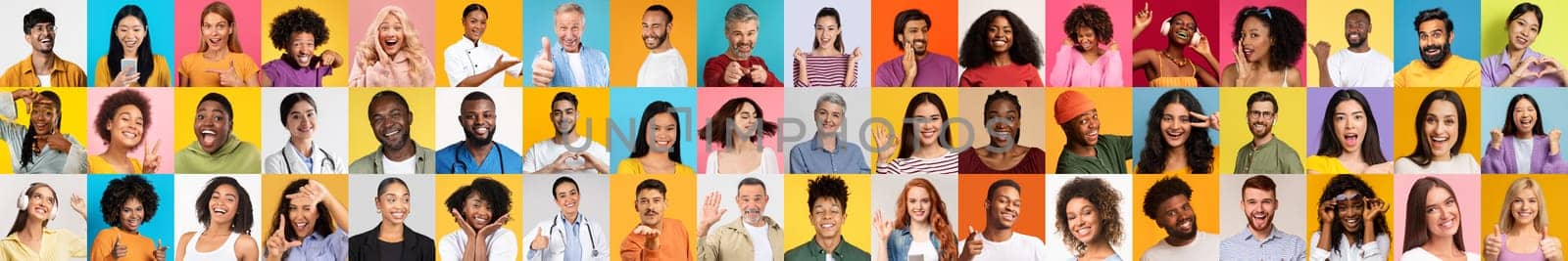 A colorful collection of diverse individuals displaying joy and excitement in a lively collage. Each person reflects a unique background and personality, contributing to the celebration of diversity.
