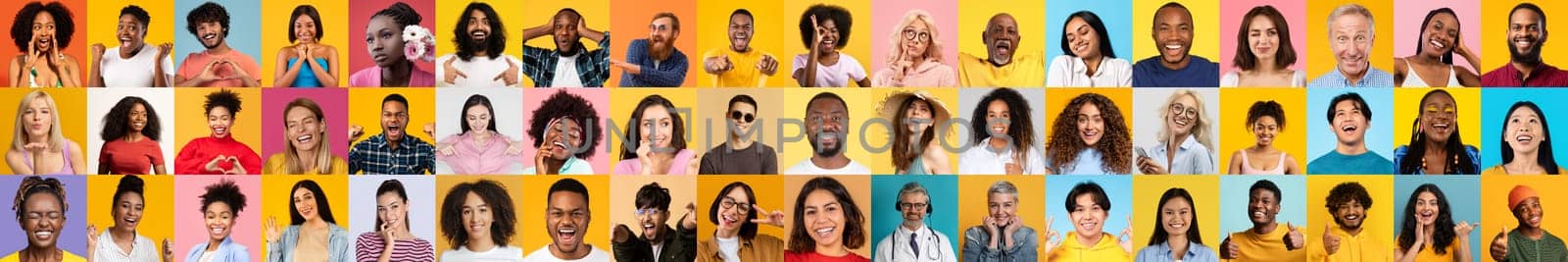 A vibrant collage showcasing smiling, diverse individuals. Each portrait reflects unique backgrounds and expressions, emphasizing joy and unity amidst a colorful backdrop.