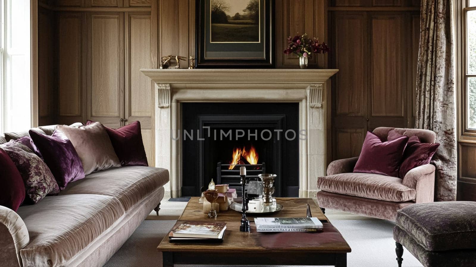 Refined English interiors with soft neutral tones, botanical art, fresh florals, classic panelled walls, and elegant furnishings for a feminine yet timeless home atmosphere